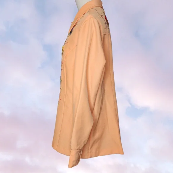 Vtg 60s JCPenney Light Pastel Orange Colorful Embroidered Flowers Funky Top - Picture 3 of 7